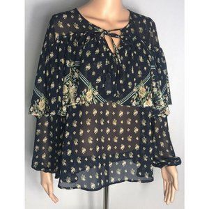 Flying Tomato Womens Blouse Top Blue Size Small Sheer Floral Short Sleeve Shirt